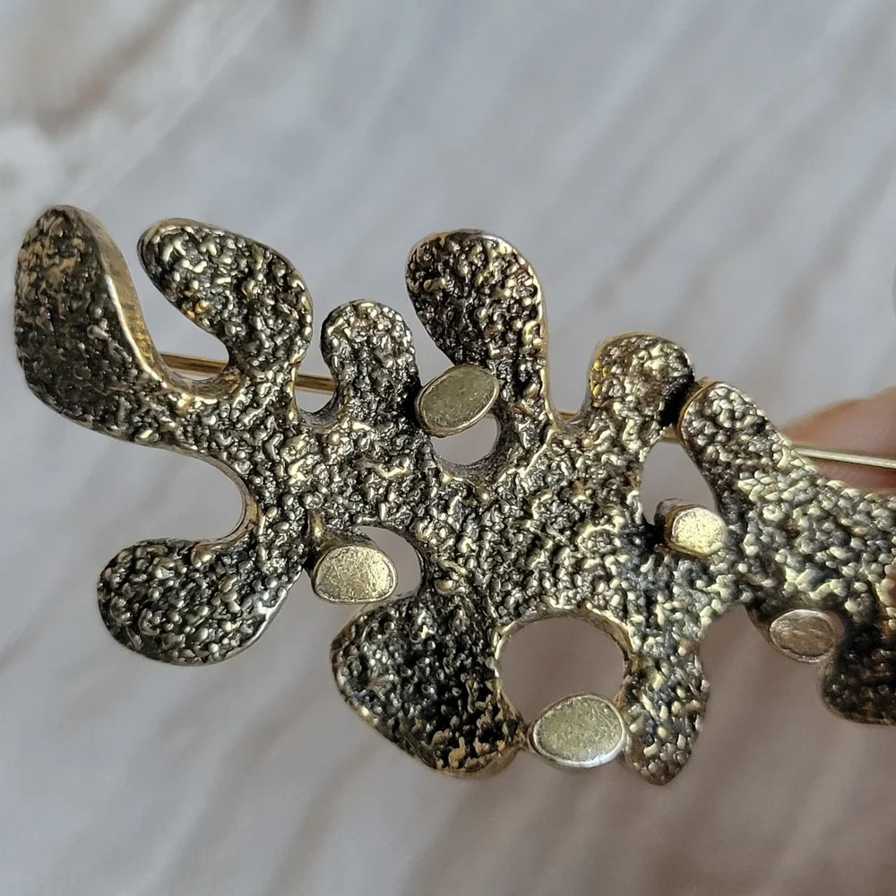 Vintage 1960s Zentall Oak Leaf Brooch Gold Tone Brutalist Modernist Fall